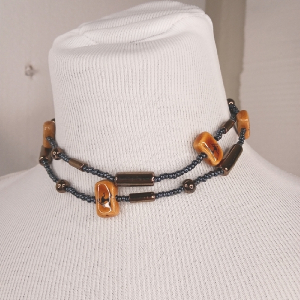 Necklace Warrior Woman Papier Mache Glass Beads Artisan Made 30" Vintage